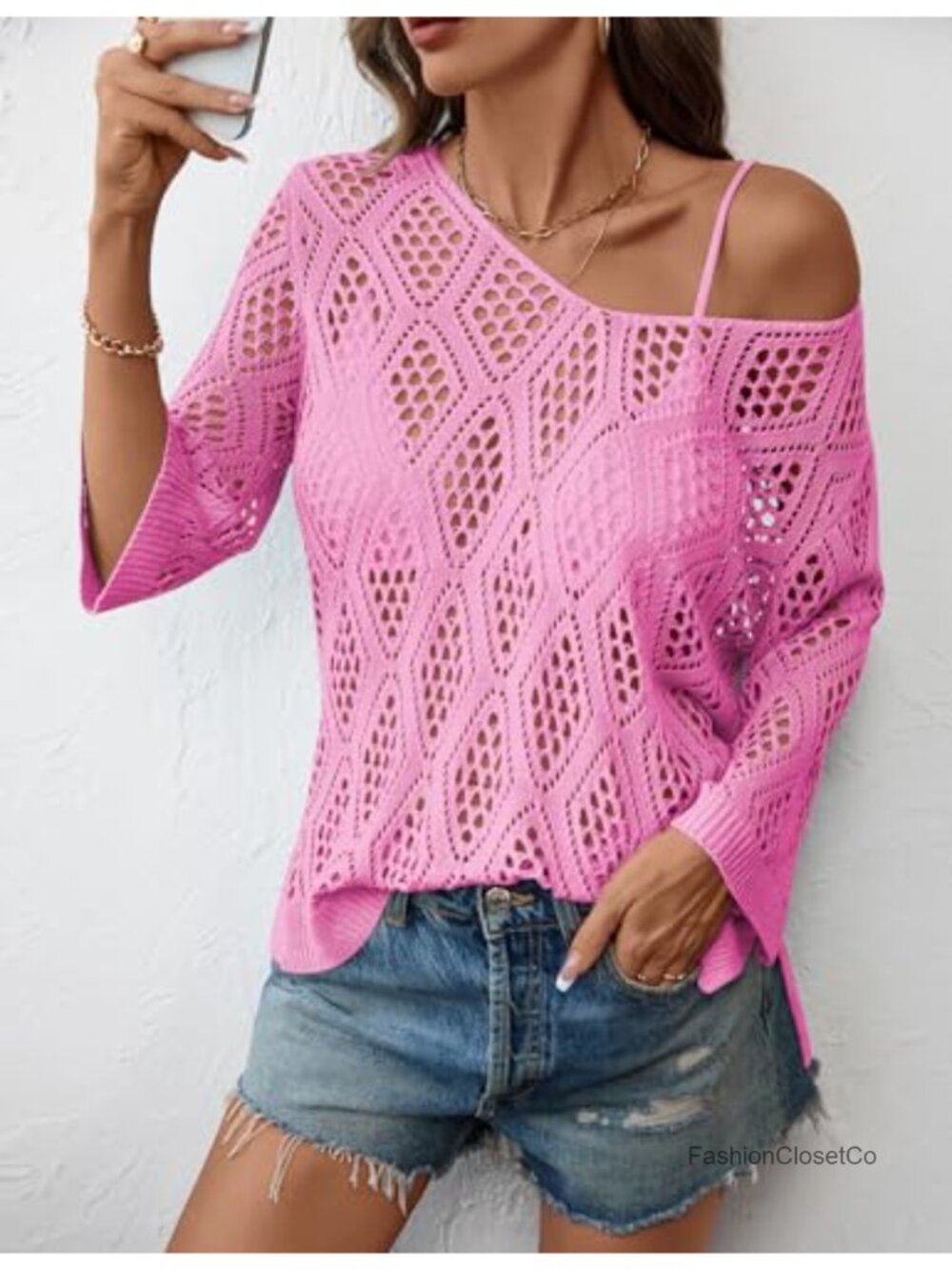 Crochet Hollow Out Off Shoulder V-Neck 3/4 Sleeve Sweater Cover Up - Picture 2 of 6
